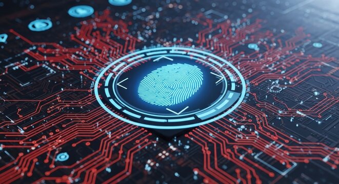 A futuristic fingerprint scan interface on a circuit board, representing biometric security and digital identity authentication technology