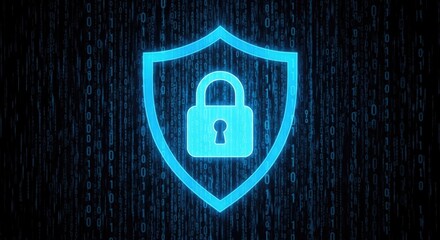 A glowing shield with a padlock on a binary code background, representing cybersecurity and data protection in the digital world