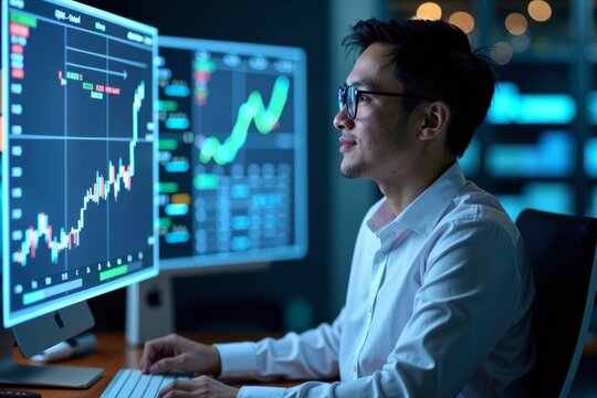 Cutting-Edge Photoshoot Idea: Stylish Analyst Auditor Utilizes Holographic Electronic Spreadsheet on Transparent Screen at Sleek Computer Desk