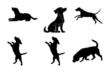 Silhouettes of dogs in various poses and actions