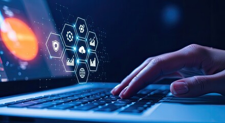 Hand typing on a laptop with digital icons floating above, representing technology, data, cloud computing, and innovative business solutions