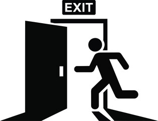 A stylized graphic of a person running through an emergency exit.