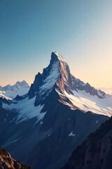 A lone mountain peak stands tall against a vast, clear sky, completely isolated and majestic The sun illuminates its rugged texture, highlighting its solitary splendor , untouched, solitude, rocky