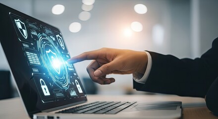 A businessman is touching a digital interface on a laptop screen to access cybersecurity protection and data privacy system