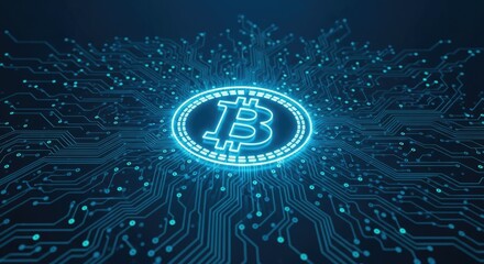 Glowing bitcoin symbol on a digital circuit board, representing the future of cryptocurrency and blockchain technology in the financial world