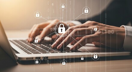 Close up of hands typing on a laptop with a digital interface showing a padlock, representing cybersecurity and data protection