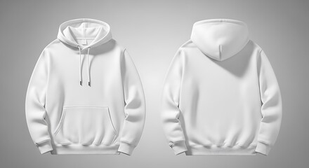 Front and back view of a plain white hoodie isolated on white background
