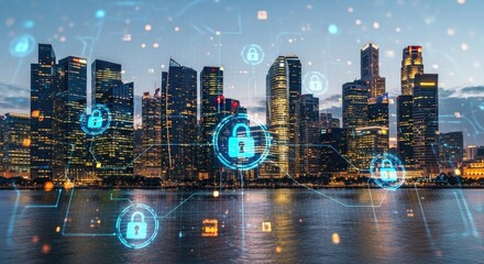 Cybersecurity lock icons over a cityscape at night, symbolizing data protection and online safety in the modern urban environment