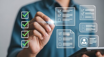 Man using digital pen to complete a digital checklist, representing task management, productivity, and achieving goals in business
