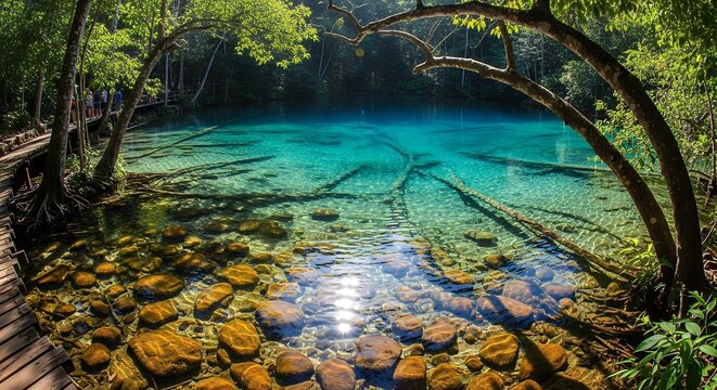 Stunning Turquoise Pool with Clear Water and Lush Greenery in a Tropical Forest Landscape  Thailands Emerald Pool