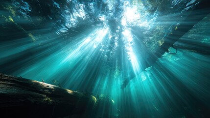 Sunlight streams through underwater cave, illuminating teal water.