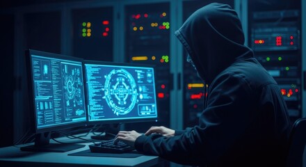 Hacker using computer for cybersecurity attack, illustrating the threat of internet crime and data breaches in the digital world with dark theme