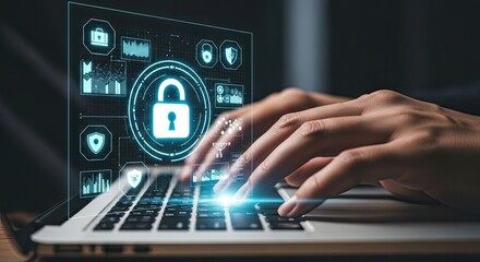 Cybersecurity concept with hands typing on laptop keyboard, showcasing data protection, online privacy, and secure internet access