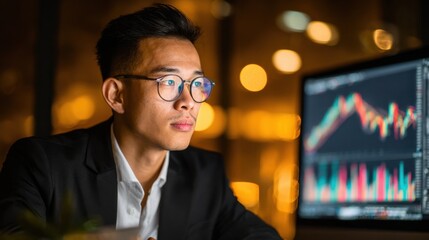 Fototapeta premium Man in Suit Looking at Financial Chart on Computer Screen
