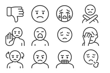 Negative Emotion Icons. Line style icons of negative reactions: thumbs down, frowning face, crying eyes, crossed arms, rejection