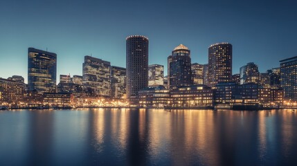 Illuminated cityscape skyline reflecting on calm water at twilight.