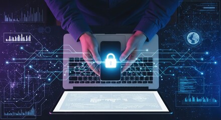 Cybersecurity concept showing a person securing data on multiple devices, representing digital protection and online privacy measures