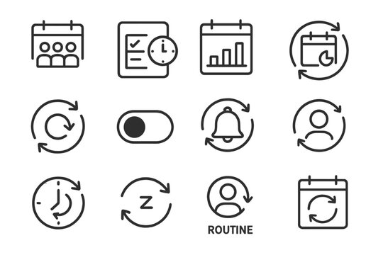Recurring Event Icons. Line style icons of recurring and repeating events: weekly meeting icon, daily task, monthly report, annual