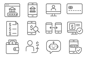 Digital Banking Icons. Line style icons of digital banking: online bank login, mobile banking app, account overview, virtual card