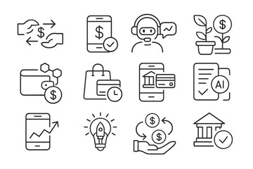 Fintech Services Icons. Line style icons of fintech services: P2P transfer, digital lending, robo advisor, micro investing,