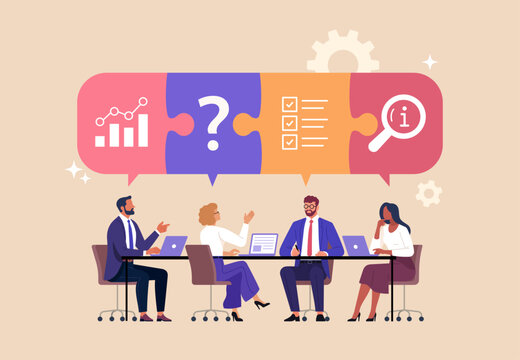 Business Team Brainstorm concept. Vector flat style abstract illustration of a group of diverse people at a desk discussing a project made with puzzle pieces above their heads.