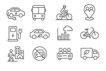 Sustainable Transport Icons. Line style icons of sustainable transport: electric vehicle, public transit icon, bike lane, carpool
