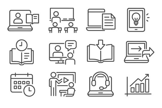 Blended Learning Icons. Line style icons of blended learning models: online and offline icon, classroom blend icon, hybrid