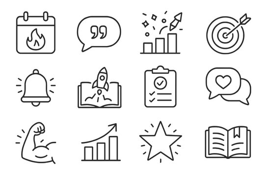 Learning Motivation Icons. Line style icons of learning motivation: daily streak icon, motivation quote icon, progress confetti,
