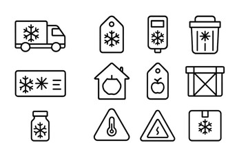 Cold Chain Icons. Line style icons of cold chain logistics: refrigerated truck icon, temperature tag, cold box container, temp