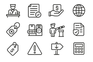 Customs Regulation Icons. Line style icons of customs and regulation: customs officer icon, regulation sheet, import duty icon,