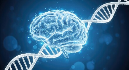 Digital illustration of a human brain with a dna strand, representing science, technology, medicine, and innovation in healthcare research