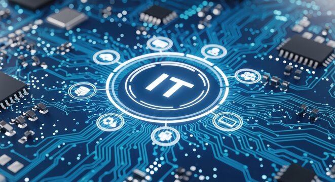 Information technology concept with it symbol on circuit board, representing digital network, computer system, and internet connection for business solutions