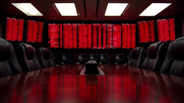 Dark high-tech command center with glowing red data screens and an empty boardroom table