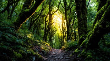 Obraz premium Sunlight filtering through a lush, mossy forest.