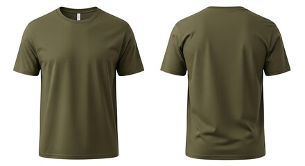 Olive green tshirt, front and back view, isolated on white background
