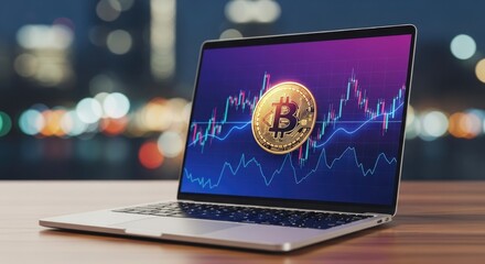 Laptop displaying bitcoin cryptocurrency with financial chart on screen, representing digital currency investment and online trading concept