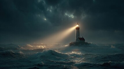 Fototapeta premium Stormy sea, lighthouse beacon