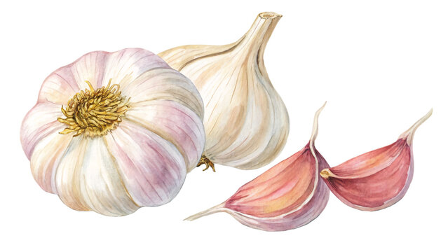 Watercolor illustration of garlic bulbs and cloves isolated on transparent background, perfect for culinary and healthy eating concepts