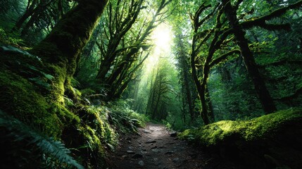 Obraz premium Lush forest path bathed in sunlight.