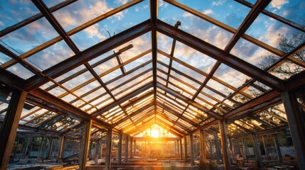 Ruined greenhouse with rusty metal frame, sunset sky visible through glass