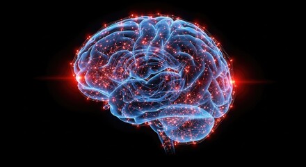A glowing brain with interconnected nodes symbolizes intelligence, technology, and the future of neuroscience and artificial intelligence