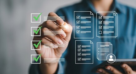 Hand using pen marking checklist box, business concept about questionnaire results, survey and agreement, quality control