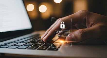 Close up of hand typing on laptop keyboard with security lock icon for online data protection and cybersecurity concept