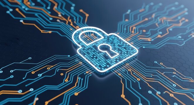 Digital lock on a circuit board representing cybersecurity, data protection, and secure online access in the digital age