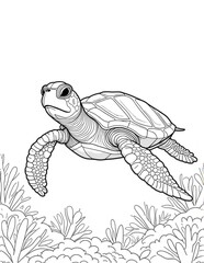 Fototapeta premium Sea Turtle with Underwater Plants Front View Coloring Page
