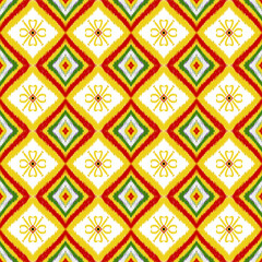 Vibrant Thai Diamond Ikat Pattern with Floral Motif