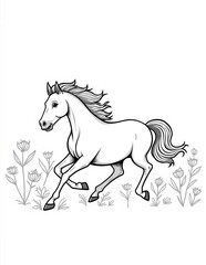 Fototapeta premium Coloring Page of a Galloping Horse in a Field of Flowers, Emphasizing Graceful Movement and Equine Beauty