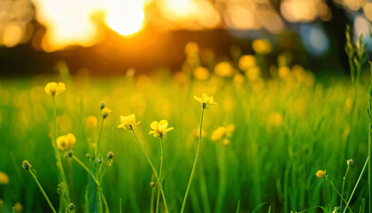 Vibrant yellow wildflowers bloom in a lush green field