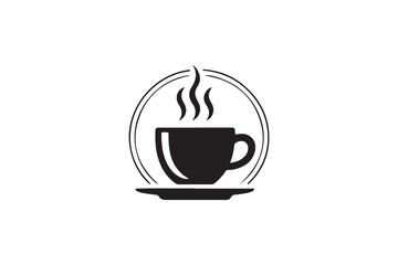Obraz premium Simple black and white coffee cup logo design.This clean vector graphic features a coffee cup and saucer, set against a white background.