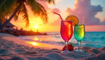 Vibrant sunset over a tropical beach, with colorful cocktails in glasses resting on the sand Perfect for travel, vacation, and summer themes Paradise found , palm trees, garnish, shore